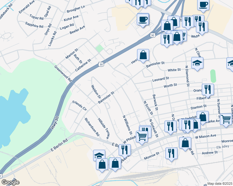map of restaurants, bars, coffee shops, grocery stores, and more near 2310 Bannister Street in York