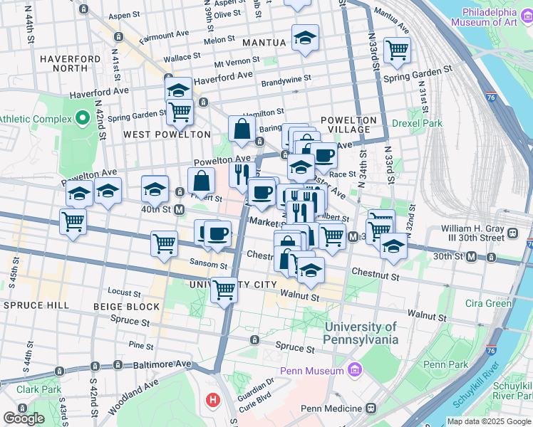 map of restaurants, bars, coffee shops, grocery stores, and more near 3711 Pennsylvania 3 in Philadelphia