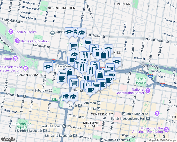 map of restaurants, bars, coffee shops, grocery stores, and more near 1230 Summer Street in Philadelphia