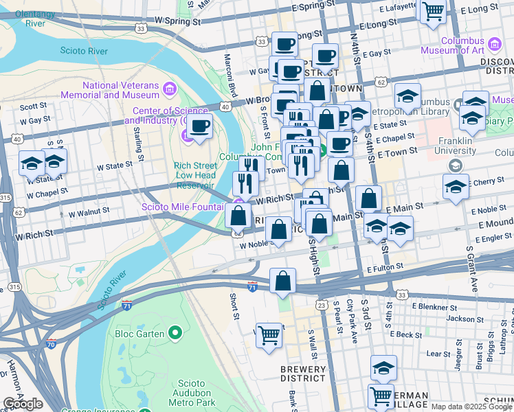 map of restaurants, bars, coffee shops, grocery stores, and more near 111 West Rich Street in Columbus