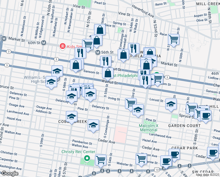 map of restaurants, bars, coffee shops, grocery stores, and more near 5438 Chancellor Street in Philadelphia