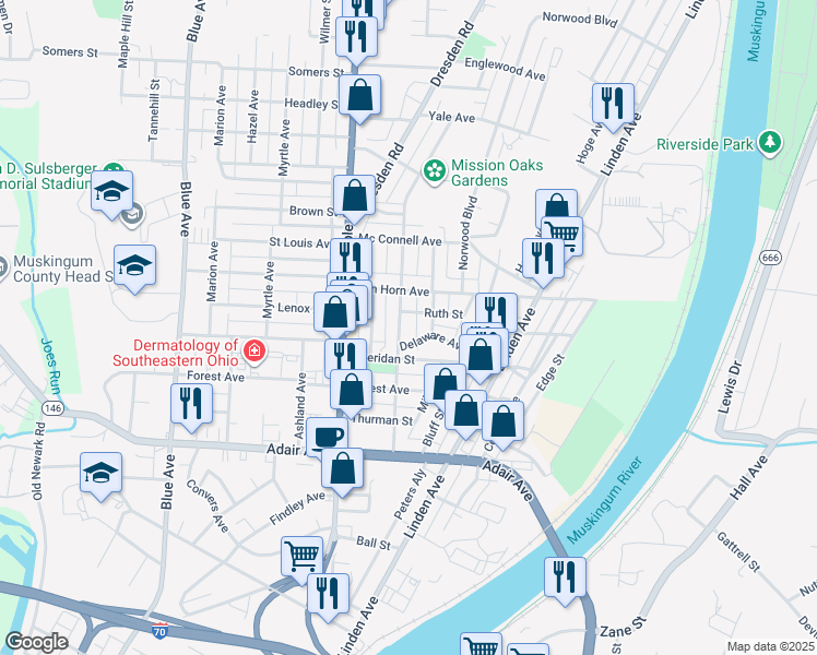 map of restaurants, bars, coffee shops, grocery stores, and more near 1436 Euclid Avenue in Zanesville
