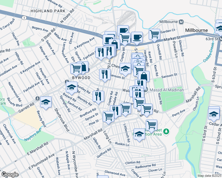 map of restaurants, bars, coffee shops, grocery stores, and more near 340 Wiltshire Road in Delaware County