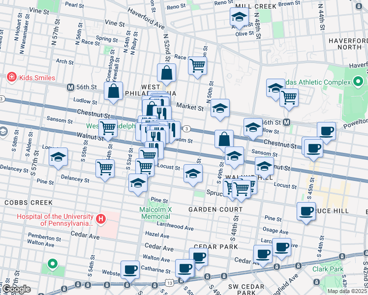 map of restaurants, bars, coffee shops, grocery stores, and more near 5043 Walnut Street in Philadelphia