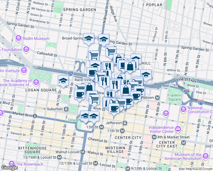 map of restaurants, bars, coffee shops, grocery stores, and more near 244 North 13th Street in Philadelphia