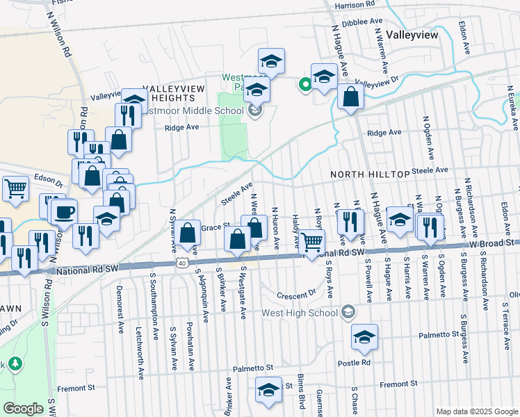 map of restaurants, bars, coffee shops, grocery stores, and more near 110 North Westmoor Avenue in Columbus