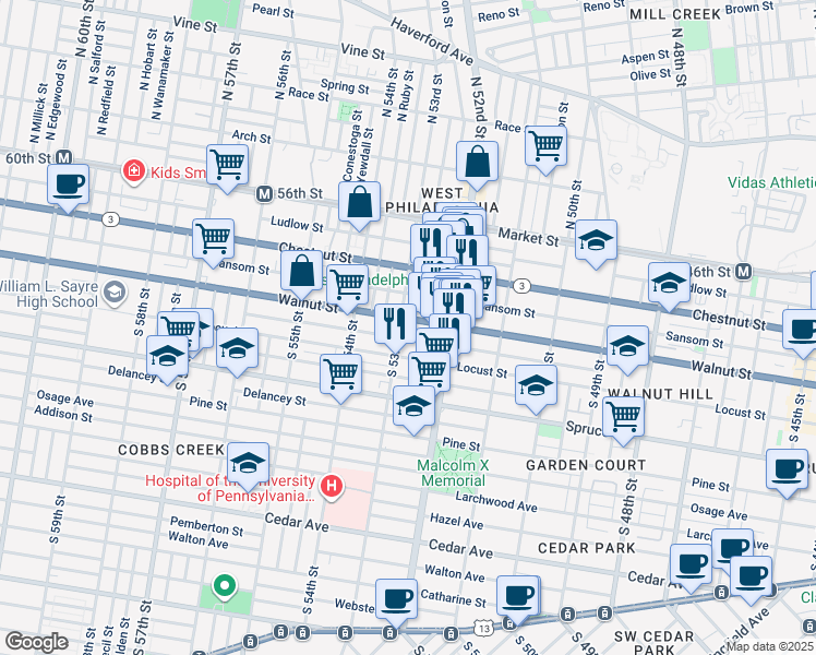 map of restaurants, bars, coffee shops, grocery stores, and more near 5256 Walnut St in Philadelphia
