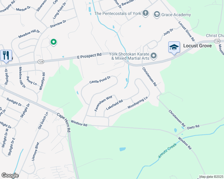 map of restaurants, bars, coffee shops, grocery stores, and more near 939 Castle Pond Drive in York