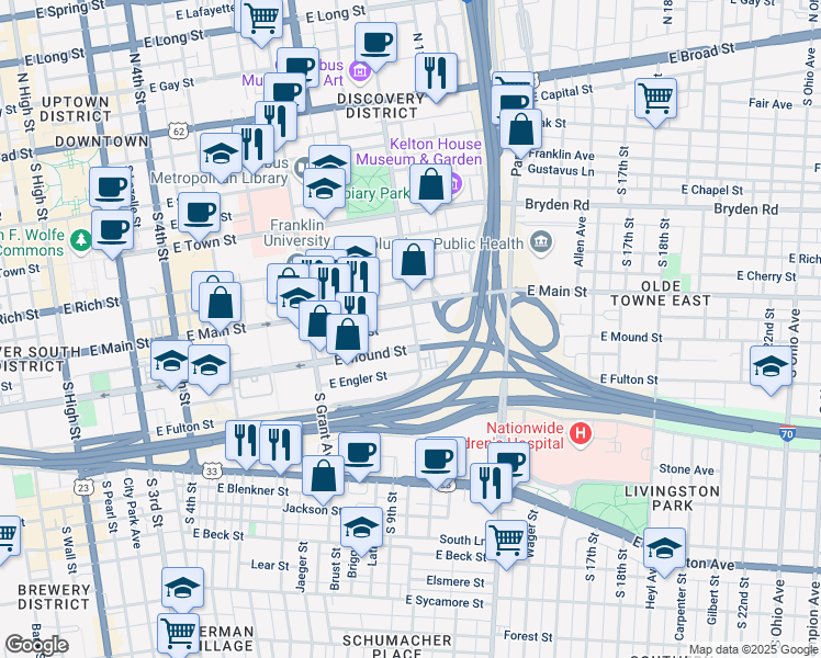 map of restaurants, bars, coffee shops, grocery stores, and more near 327 South Washington Avenue in Columbus