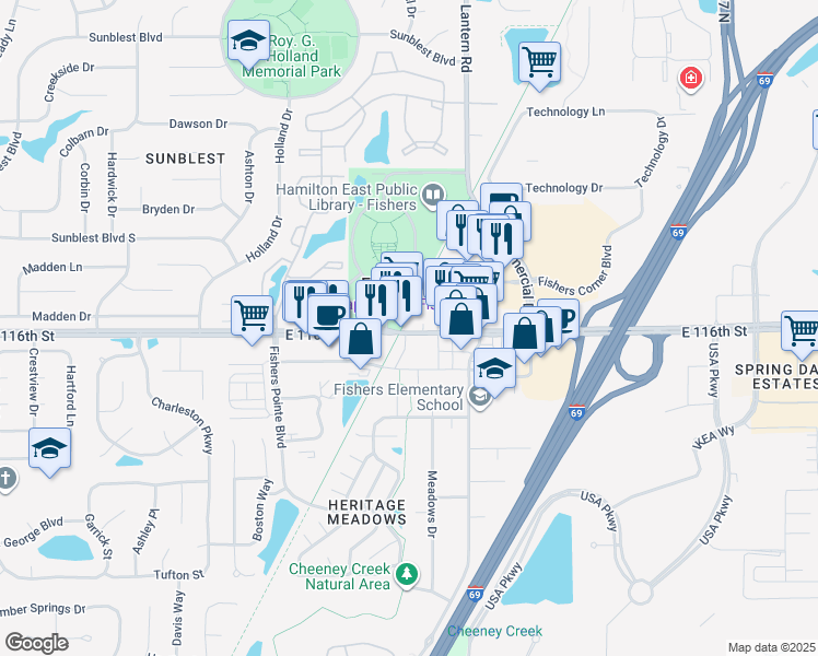 map of restaurants, bars, coffee shops, grocery stores, and more near 8654 East 116th Street in Fishers