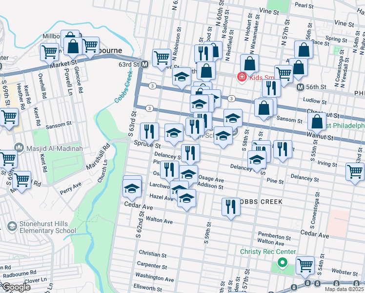 map of restaurants, bars, coffee shops, grocery stores, and more near 6039 Spruce Street in Philadelphia