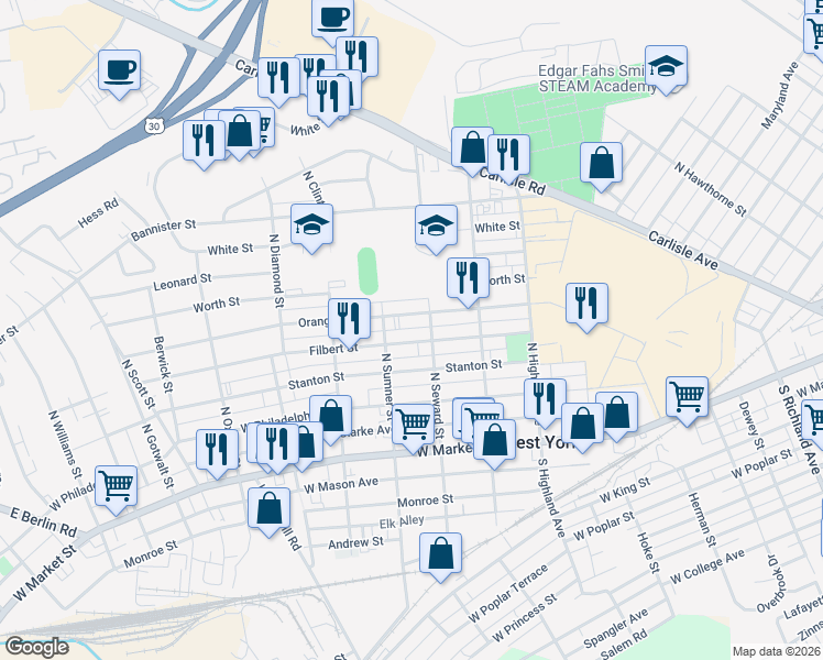 map of restaurants, bars, coffee shops, grocery stores, and more near 1627 Hope Alley in West York