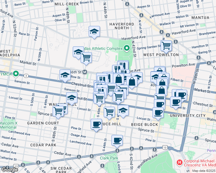 map of restaurants, bars, coffee shops, grocery stores, and more near 42 South 44th Street in Philadelphia