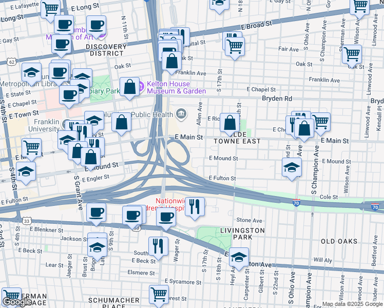 map of restaurants, bars, coffee shops, grocery stores, and more near 722 East Mound Street in Columbus