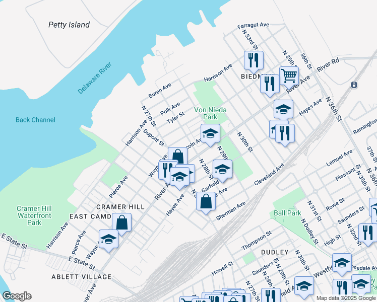 map of restaurants, bars, coffee shops, grocery stores, and more near 1019 North 28th Street in Camden