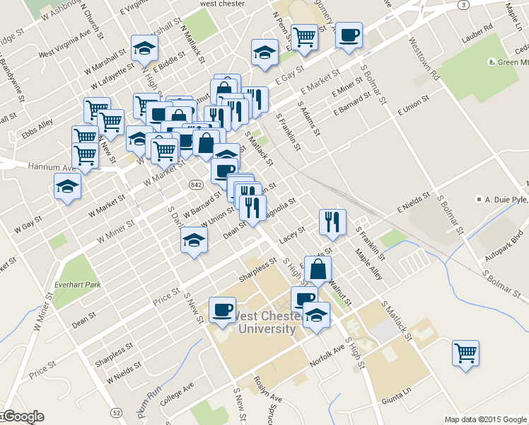 map of restaurants, bars, coffee shops, grocery stores, and more near 322 South Walnut Street in West Chester