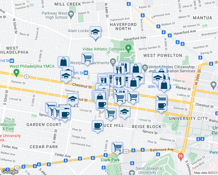 map of restaurants, bars, coffee shops, grocery stores, and more near 4429 Chestnut Street in Philadelphia