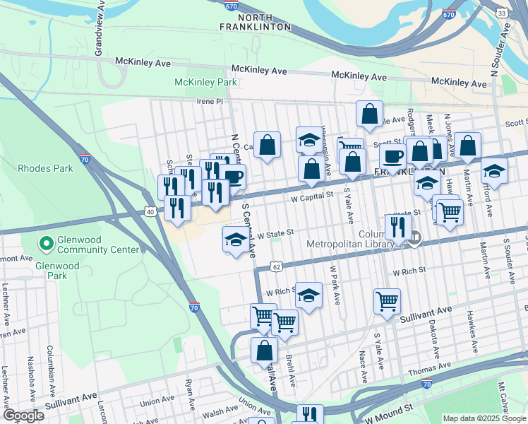 map of restaurants, bars, coffee shops, grocery stores, and more near 45 Brehl Avenue in Columbus