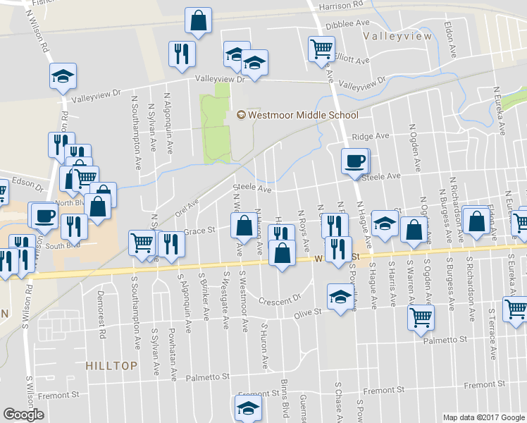 map of restaurants, bars, coffee shops, grocery stores, and more near 106 North Huron Avenue in Columbus