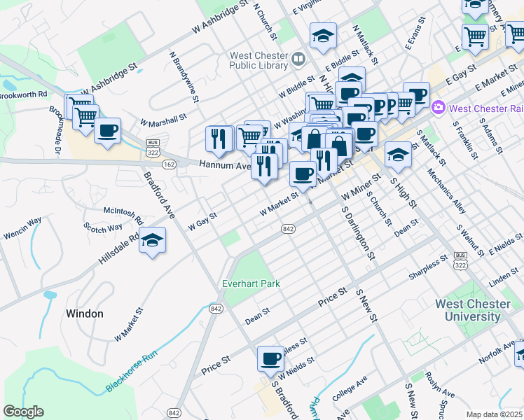 map of restaurants, bars, coffee shops, grocery stores, and more near 417 West Market Street in West Chester