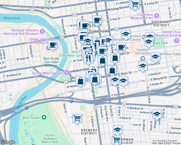 map of restaurants, bars, coffee shops, grocery stores, and more near 250 South High Street in Columbus