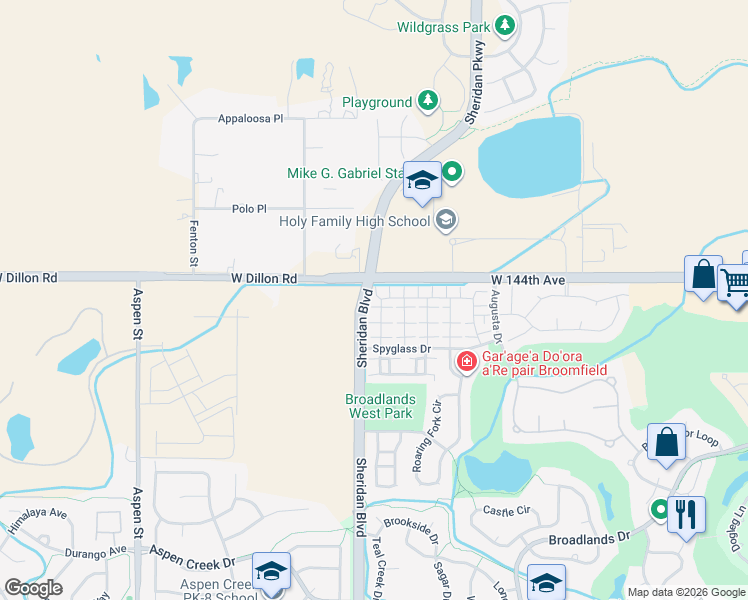 map of restaurants, bars, coffee shops, grocery stores, and more near 14361 Craftsman Way in Broomfield