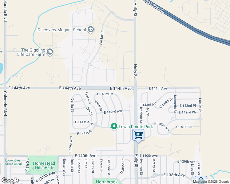 map of restaurants, bars, coffee shops, grocery stores, and more near 5481 East 143rd Avenue in Thornton