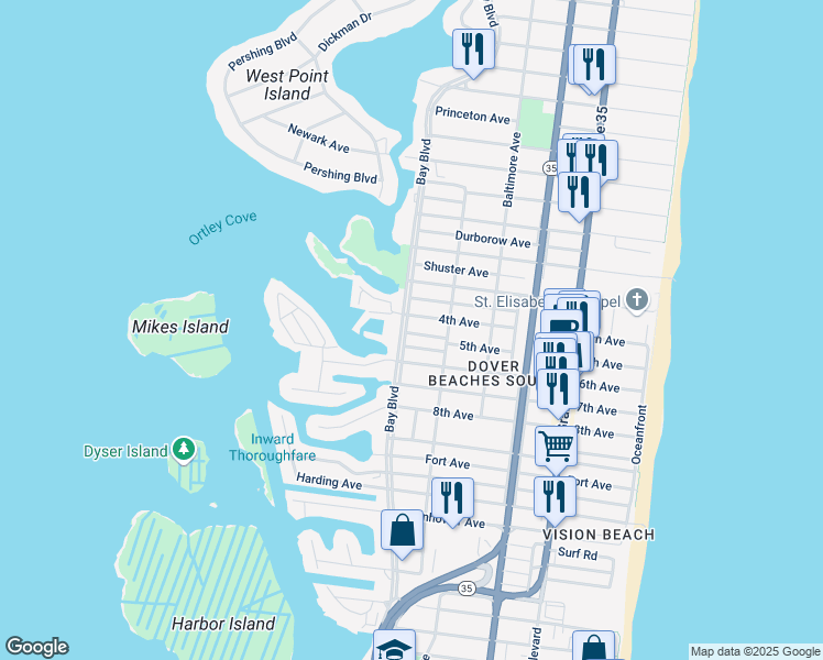 map of restaurants, bars, coffee shops, grocery stores, and more near 1928 Bay Blvd in Seaside Heights