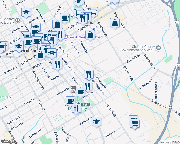 map of restaurants, bars, coffee shops, grocery stores, and more near 502 S Franklin St in West Chester