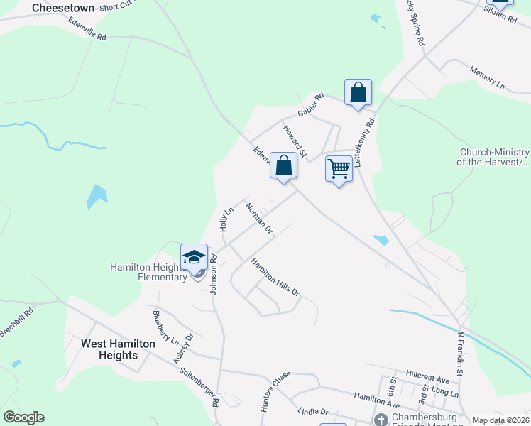 map of restaurants, bars, coffee shops, grocery stores, and more near 1843 Johnson Road in Chambersburg
