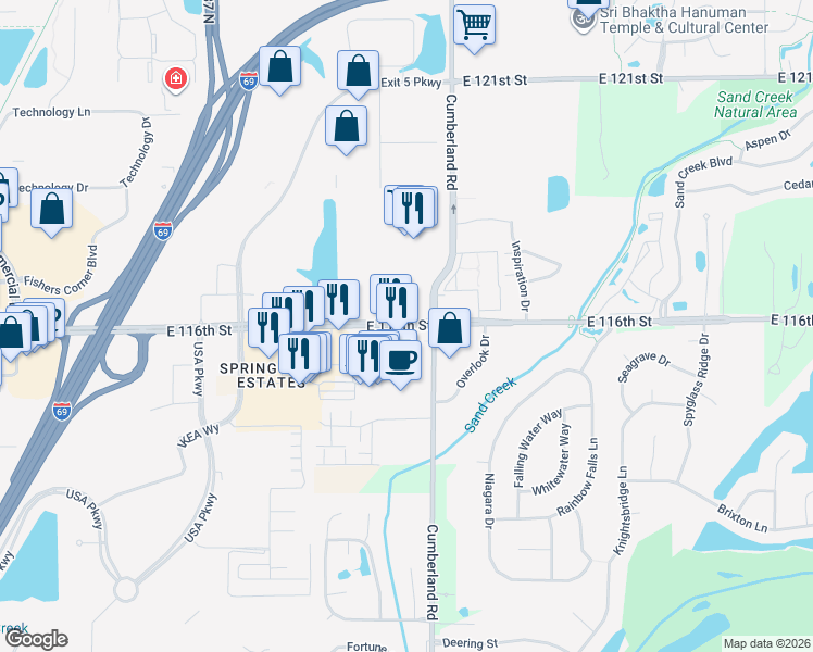 map of restaurants, bars, coffee shops, grocery stores, and more near 9767 East 116th Street in Fishers