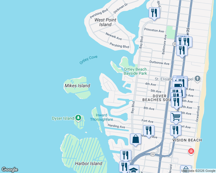 map of restaurants, bars, coffee shops, grocery stores, and more near 5 Spindrift Road in Seaside Heights