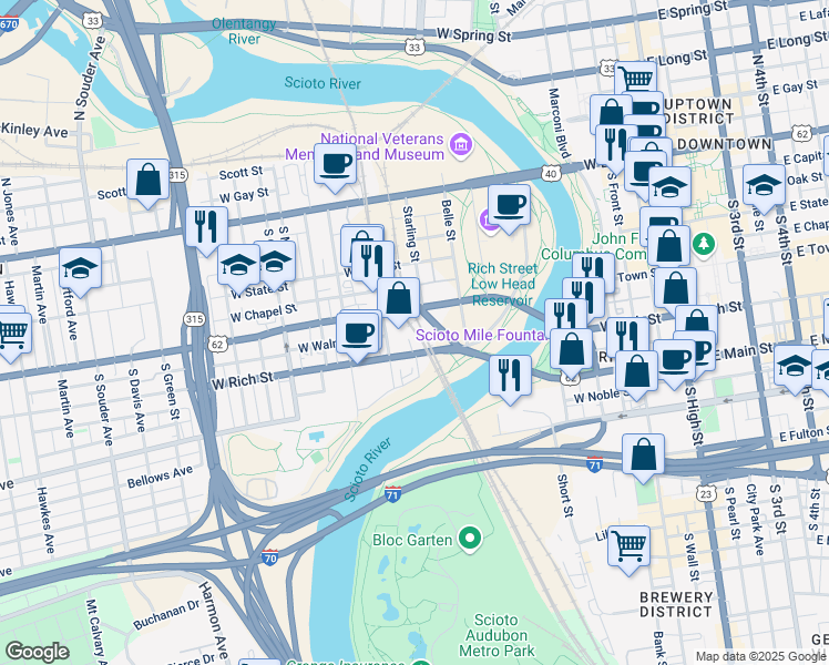 map of restaurants, bars, coffee shops, grocery stores, and more near 357 West Rich Street in Columbus