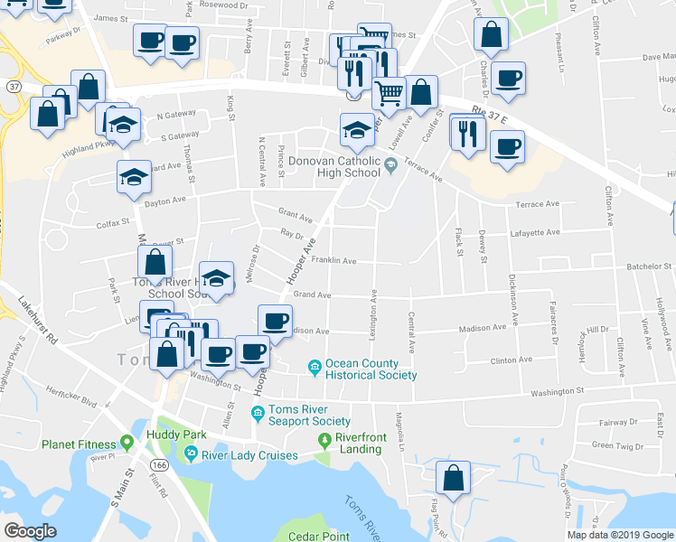 map of restaurants, bars, coffee shops, grocery stores, and more near 63 Hadley Ave in Toms River