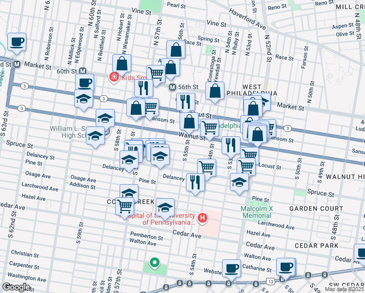 map of restaurants, bars, coffee shops, grocery stores, and more near 5508 Chancellor Street in Philadelphia
