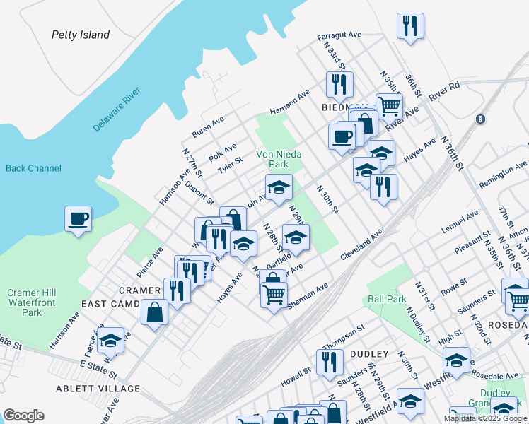 map of restaurants, bars, coffee shops, grocery stores, and more near 1019 North 28th Street in Camden