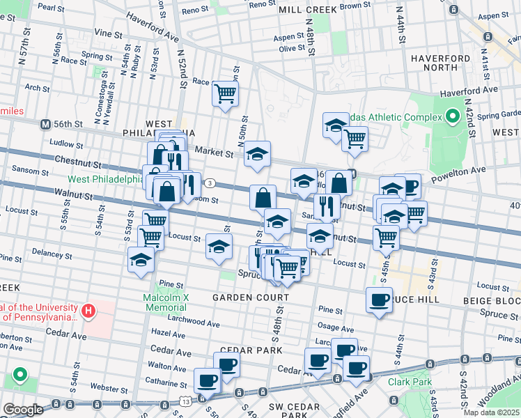 map of restaurants, bars, coffee shops, grocery stores, and more near 126 South 49th Street in Philadelphia