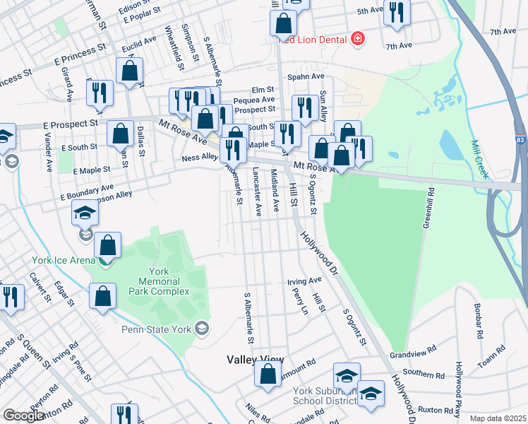 map of restaurants, bars, coffee shops, grocery stores, and more near 828 Lancaster Avenue in York