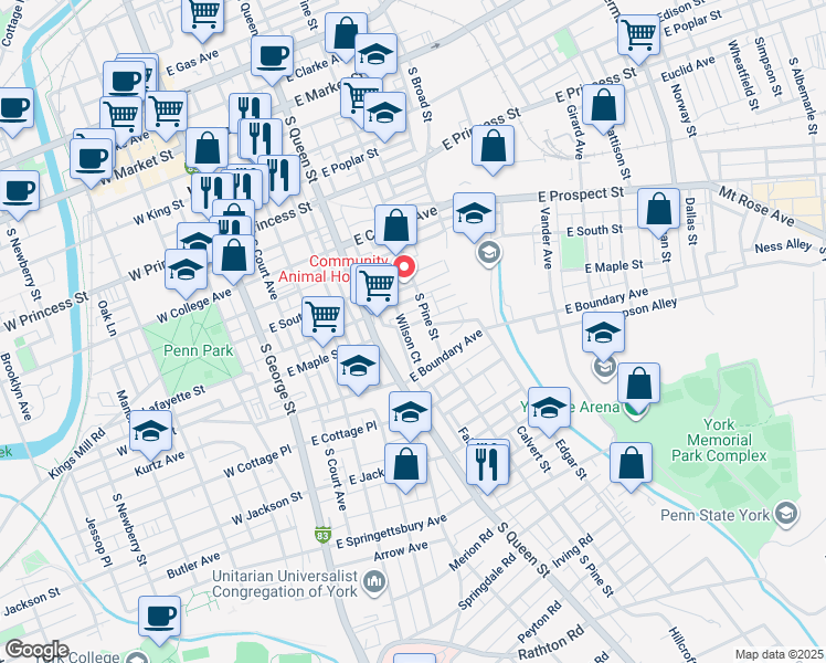 map of restaurants, bars, coffee shops, grocery stores, and more near 244 East Maple Street in York