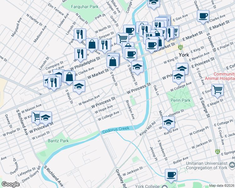 map of restaurants, bars, coffee shops, grocery stores, and more near 157 South Penn Street in York