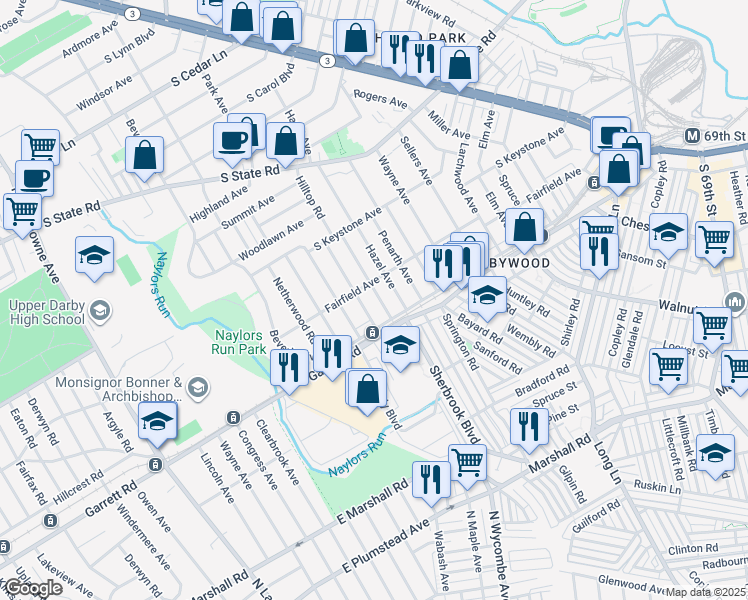 map of restaurants, bars, coffee shops, grocery stores, and more near 7010 Llanfair Road in Delaware County