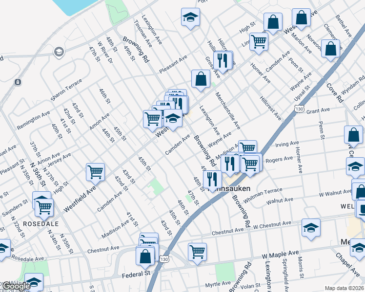 map of restaurants, bars, coffee shops, grocery stores, and more near 4824 Camden Avenue in Pennsauken Township