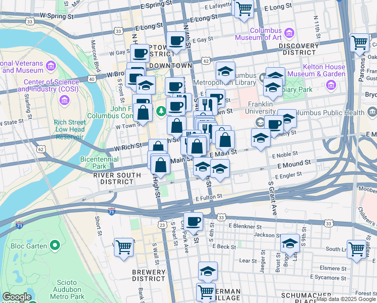 map of restaurants, bars, coffee shops, grocery stores, and more near 264s South 3rd Street in Columbus