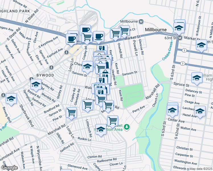 map of restaurants, bars, coffee shops, grocery stores, and more near 141 South 69th Street in Delaware County