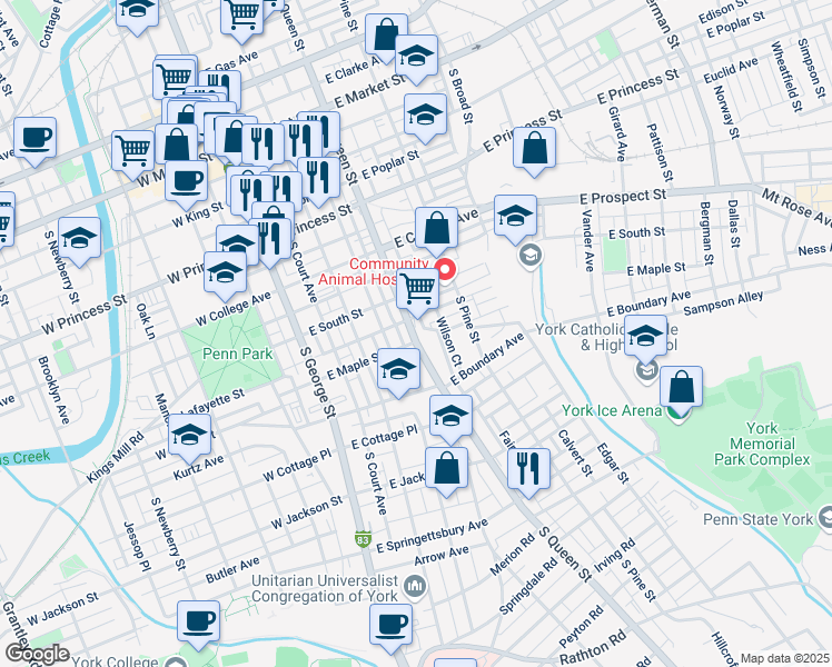 map of restaurants, bars, coffee shops, grocery stores, and more near 449 South Queen Street in York