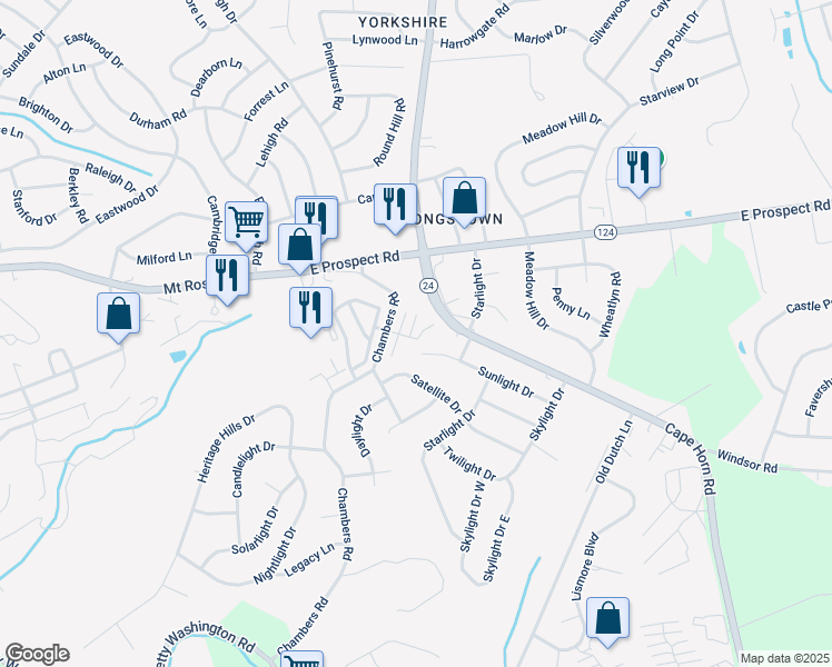 map of restaurants, bars, coffee shops, grocery stores, and more near 1164 Blue Bird Lane in York