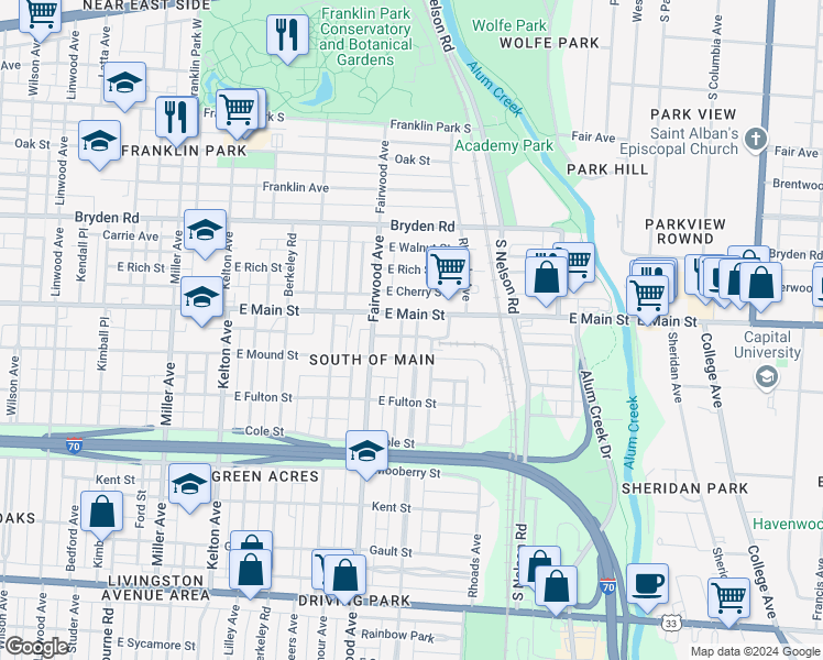 map of restaurants, bars, coffee shops, grocery stores, and more near 507 Bulen Avenue in Columbus