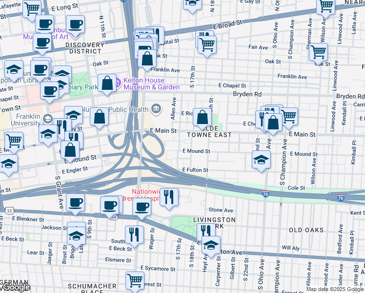 map of restaurants, bars, coffee shops, grocery stores, and more near 774 East Mound Street in Columbus