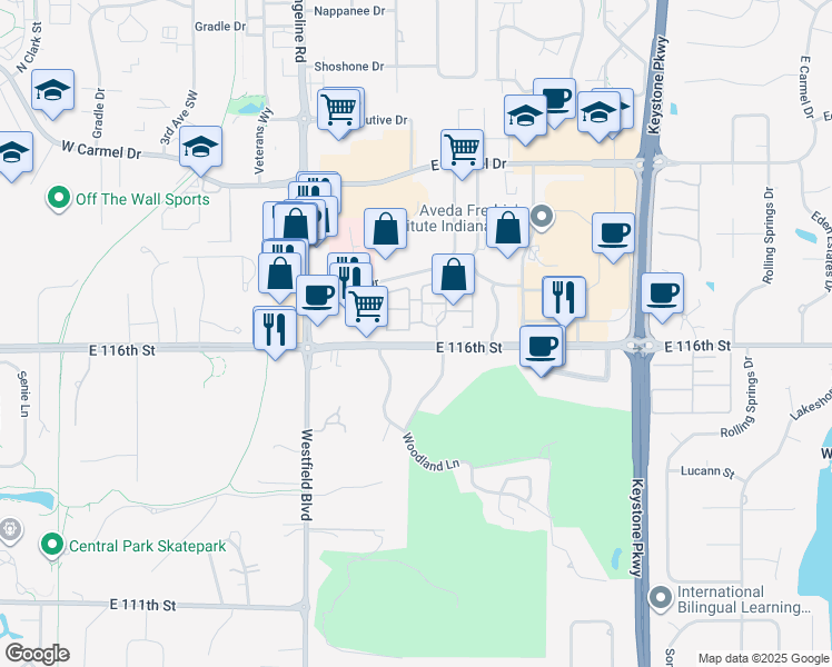 map of restaurants, bars, coffee shops, grocery stores, and more near 1437 Clay Drive in Carmel