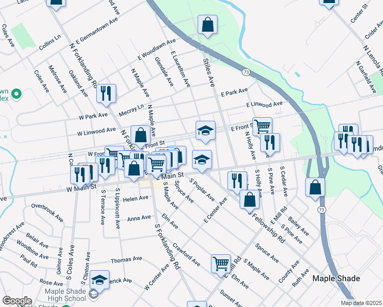 map of restaurants, bars, coffee shops, grocery stores, and more near 34 North Fellowship Road in Maple Shade Township